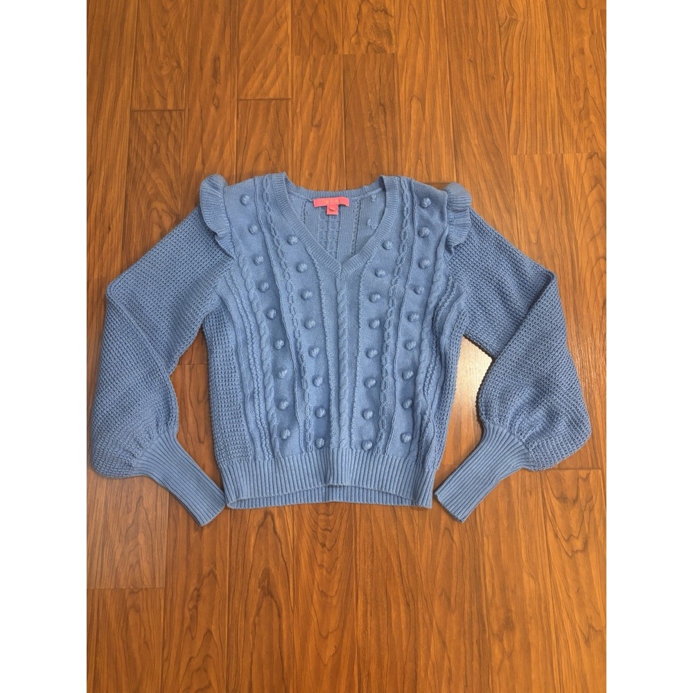 Lilly Pulitzer Greta Blue Pom-Pom V-Neck Knit Sweater Womens Medium